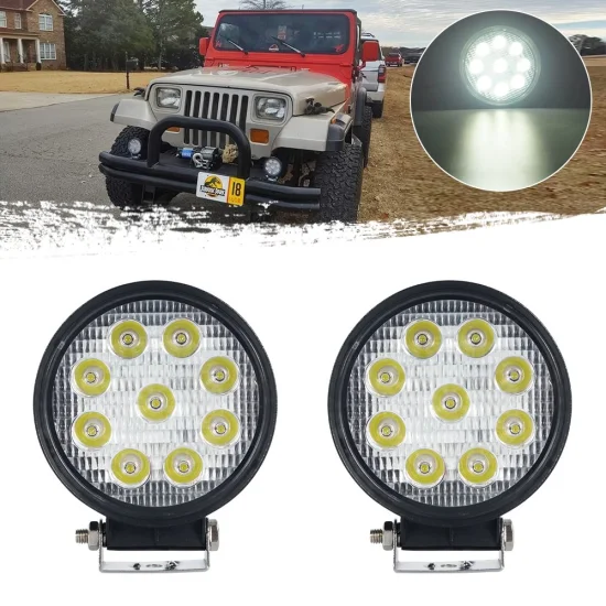 LED Round Light Bar 27W Flood Light Pod off Road Brouillard Conduite Toit Bar Pare-chocs